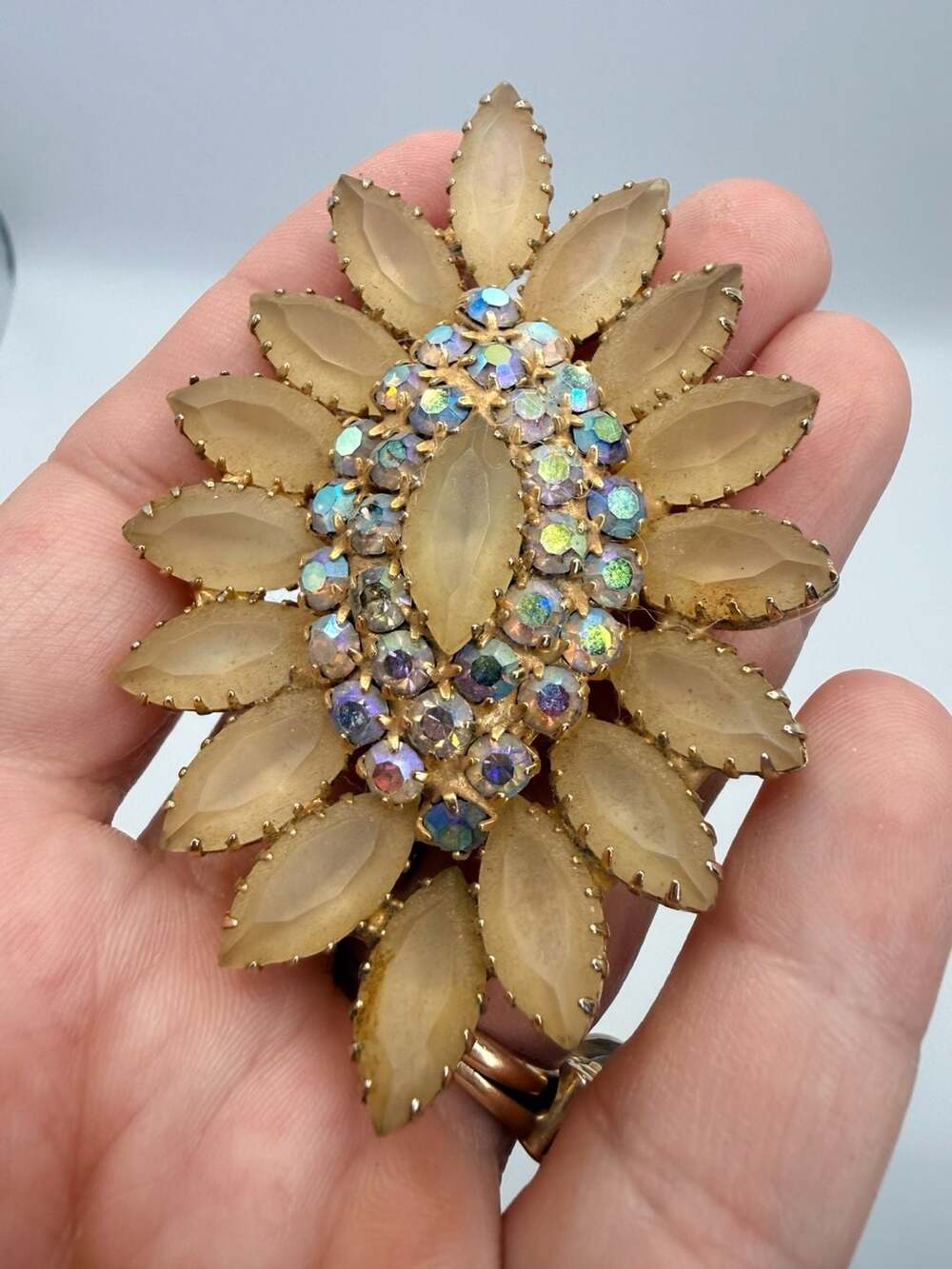 Vintage Frosted Glass AB Rhinestone Brooch Pin